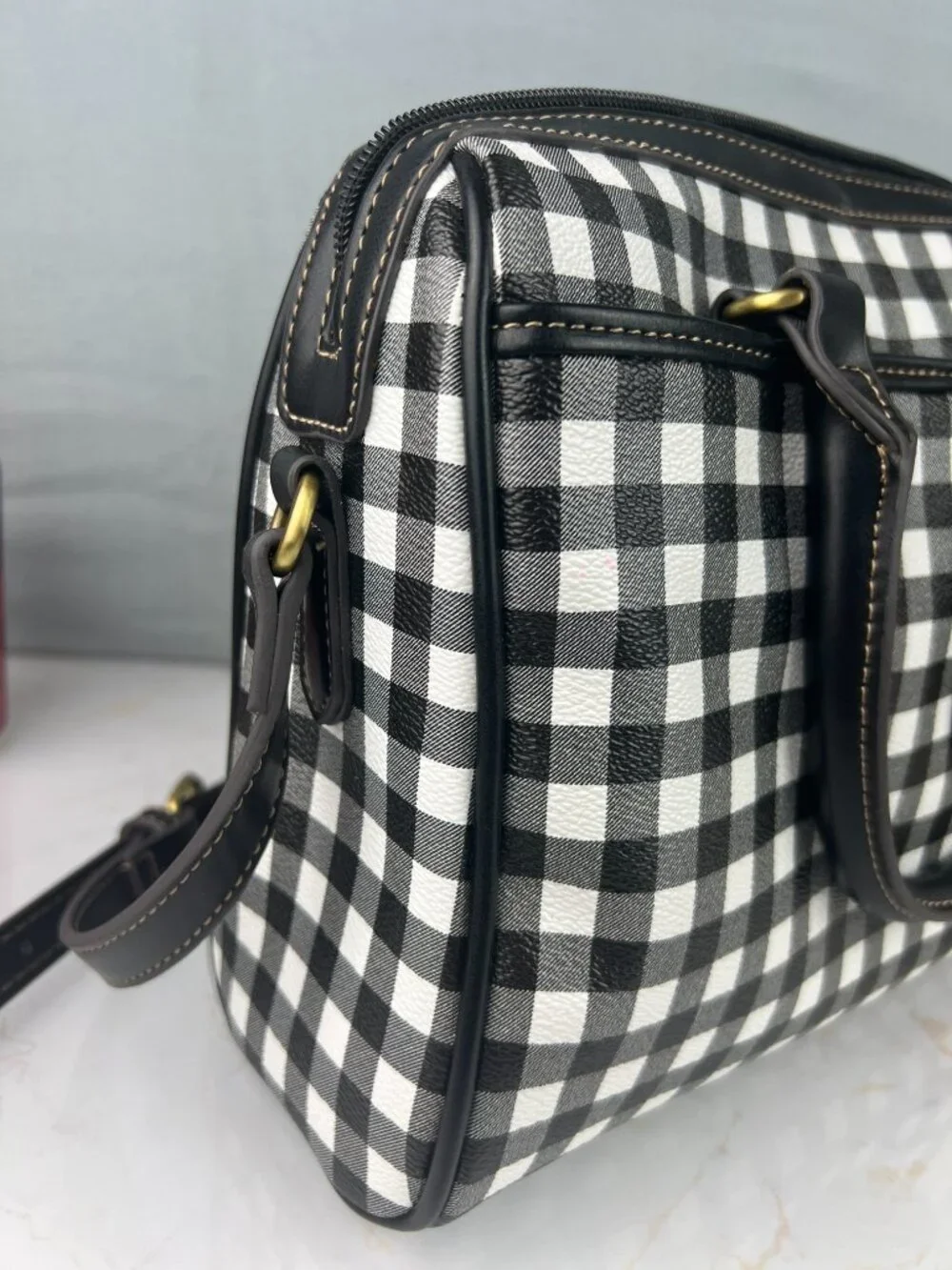 NWT St. John's Bay Hanover Satchel Black & White Gingham Checkered Print Purse